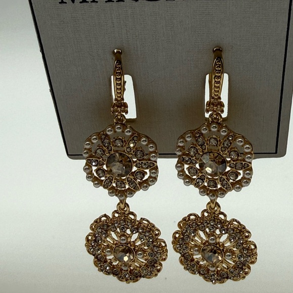 Marchesa Gold-Tone Crystal & Imitation Pearl Flower Double Drop Earrings - Picture 4 of 13